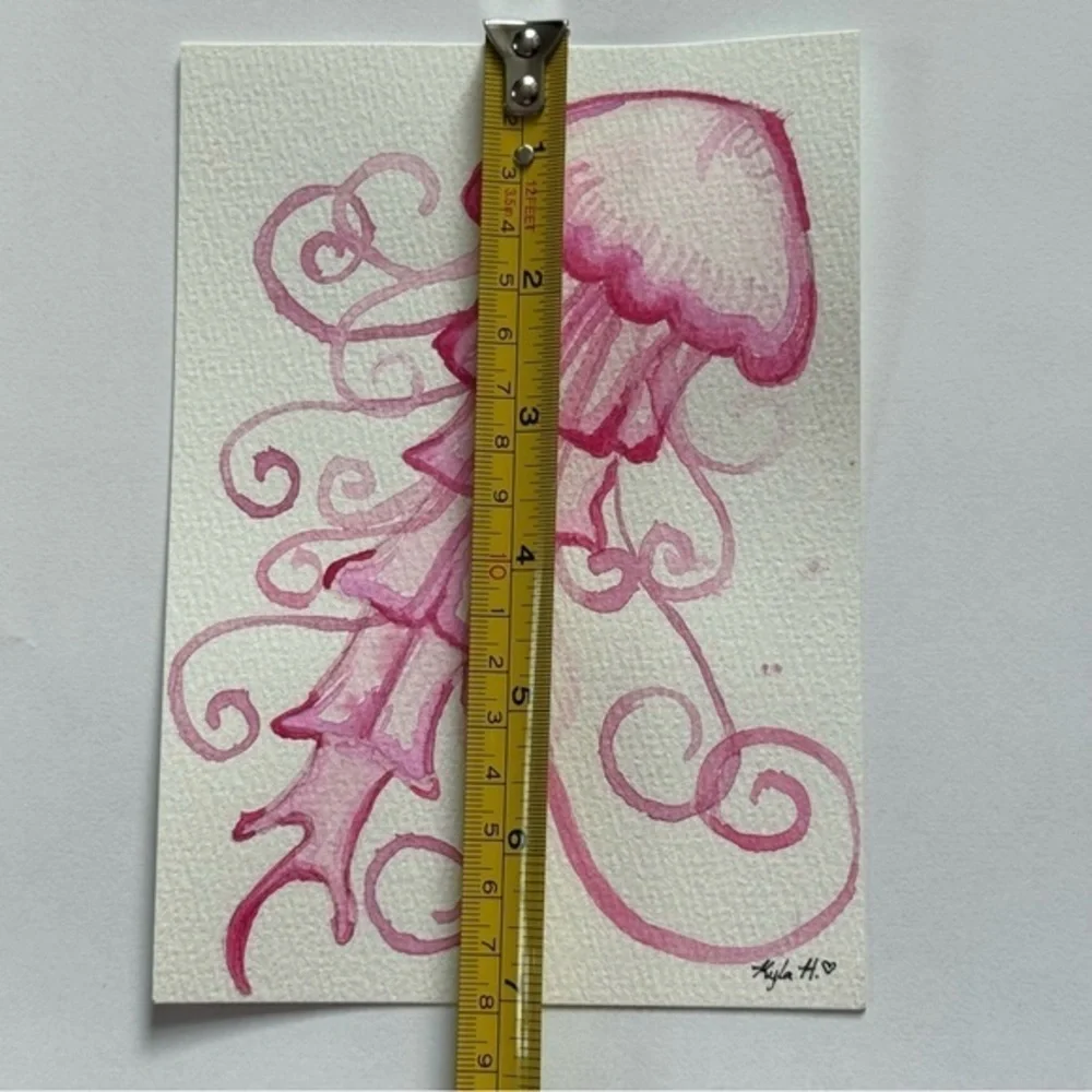 “Curly Tentacle Jelly” Original Watercolor Painting — Pink Jellyfish Ocean Art - Picture 3 of 4